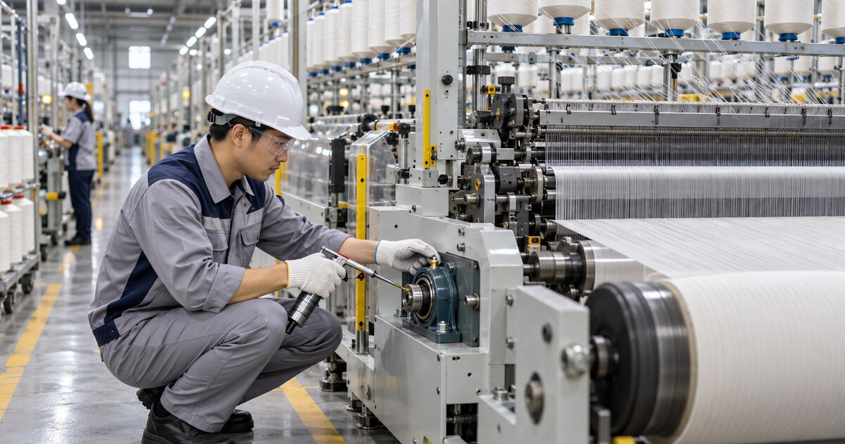 Kỹ thuật viên kiểm tra vị trí bôi trơn trên máy dệt trong nhà máy